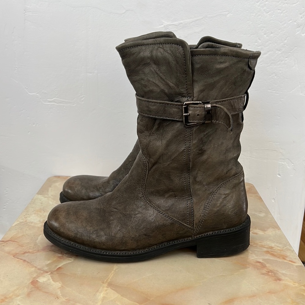 Sundance Leather Moto Combat Style Mid Calf Buckle Boots Round Toe Size 38